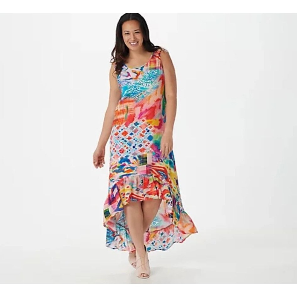 Tolani Collection Regular Flounce Hem Dress‎ Red/Blue Geo Size Large NWT